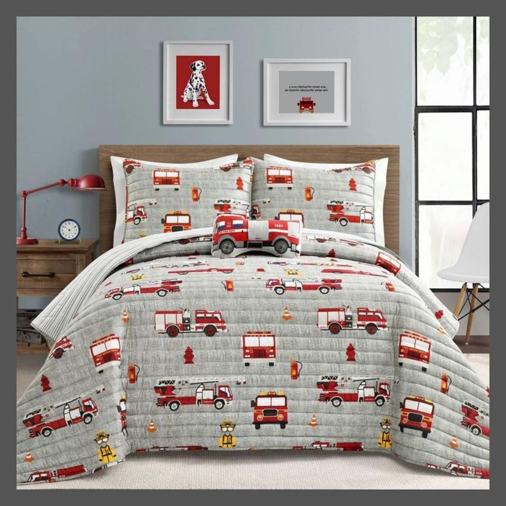 4pc Full/Queen Kids' Fire Truck Reversible Quilt Set Red/Gray - Lush Décor